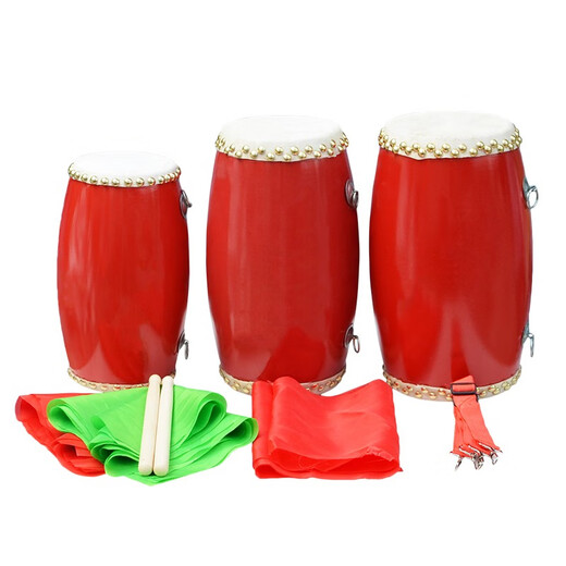 网童奇贝牛皮腰鼓成人儿童学生小腰鼓幼儿园老年安塞腰鼓大人专业打击乐器 14cm+鼓棒背带+方巾