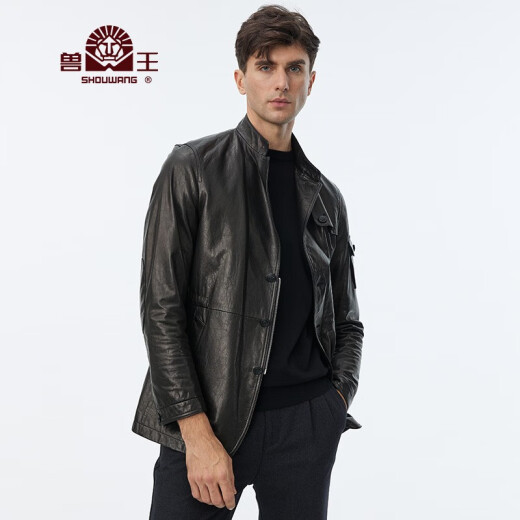 Beast King leather jacket men's genuine leather goatskin men's short single leather leather jacket lapel middle-aged thin leather jacket style men's jacket 2210100116 black 48 (170/92A)