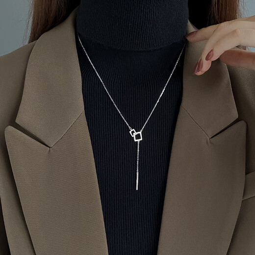 Yinao 925 sterling silver necklace women's earbone new trendy sweater chain autumn and winter niche design clavicle chain pendant neck chain square frame necklace