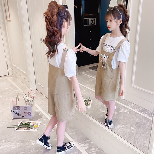 小咕嘟熊童装女童套装夏装中大儿童装休闲短袖两件套小女孩衣服背带裤服装 粉色 130