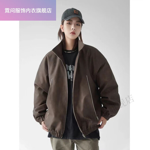 Niwen DUAB washed distressed PU leather stand-collar jacket American motorcycle quilted leather jacket oversize couple jacket men and women brown M