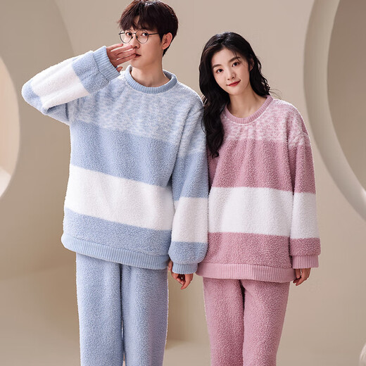 Fenton off-code clearance coral velvet couple pajamas winter women's men's thickened plus velvet suit large size home clothes FX25940680 blue and white strips single men's style L recommended female 110-124 Jin Jin equals 0.5 kg, male 126-146 Jin Jin equals 0.5 kg