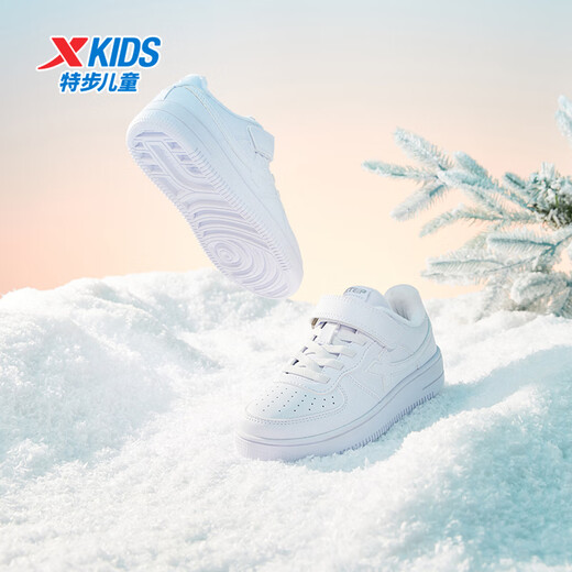 XTEP (XTEP) white shoes, children's shoes, children's cotton shoes for boys and girls, leather surface plus velvet, warm, non-slip, wear-resistant, Velcro cotton shoes, new white/new metallic silver 27