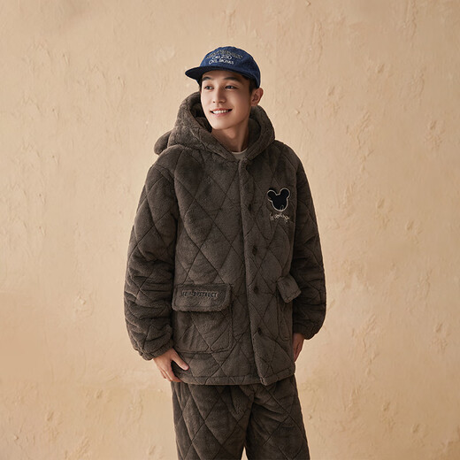 Kiss Cat Hooded Warm Velvet Couple's Quilted Pajamas Women's Winter Three-Layer Thickened Men's Suit Home Clothes Outerwear 164 Tea Brown Men 2XL