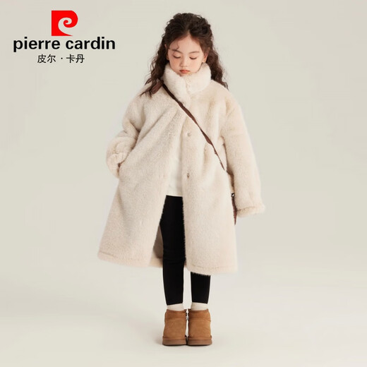 皮尔卡丹（pierre cardin）2025新款女童冬装仿水貂大衣儿童保暖冬装加厚皮毛一体毛毛外套 米白色 140cm