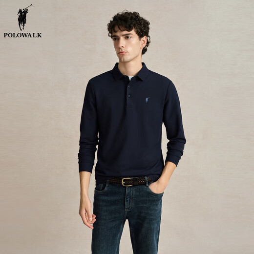 POLOWALK men's long-sleeved polo shirt men's 2024 new autumn and winter daily office workers business lapel long-sleeved polo shirt Navy XL (180)