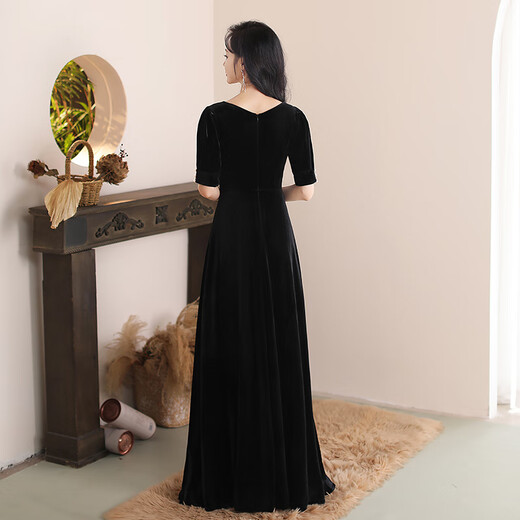 Velvet black long evening dress slim dress art entrance ceremony musical instrument performance conductor presides over annual meeting black S