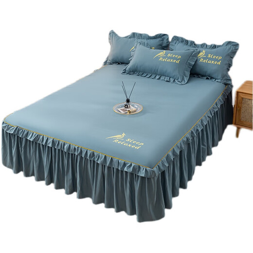 Yun color pure cotton bedspread bed skirt style bed set sheet set 1.5 meters 1.8 Simmons dustproof protective cover pure cotton non-slip bed sheet blue 150x200cm bed skirt + pillowcase 2 pieces