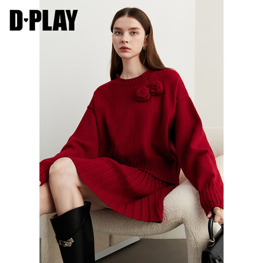DPLAY2025 Autumn New Casual Red Round Neck Flower Design Sweater Knit Top Long Sleeve Women Ankora Red-Top XL