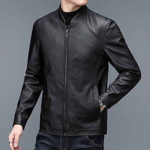 Old man's head (LRT) middle-aged and elderly autumn and winter leather jacket men's business casual slim windproof leather jacket motorcycle jacket velvet thickened jacket DN1081 black zipper stand collar 4XL