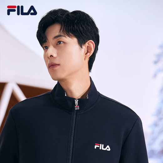 FILA official men's knitted casual zipper jacket autumn and winter stand collar business men's commuter jacket Legend Blue-NV L 175/96A