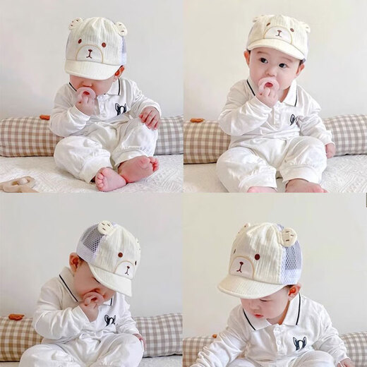 兔兔大文婴幼儿帽子夏季薄款0-3-6-12个月宝宝遮阳防晒帽网眼鸭舌帽新生儿 小熊蓝色（网眼款）松紧腰 帽围36-45cm（建议0-12个月）