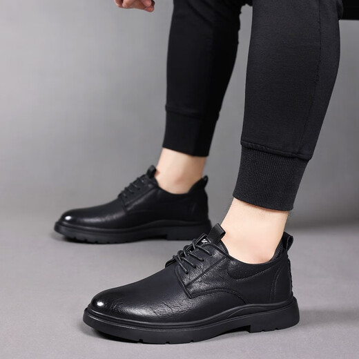 GENAI men's business casual leather shoes, genuine leather breathable work clothes, non-slip chef Martin shoes, Korean style trendy boys' small leather shoes, black genuine cowhide, size 42 (260MM)