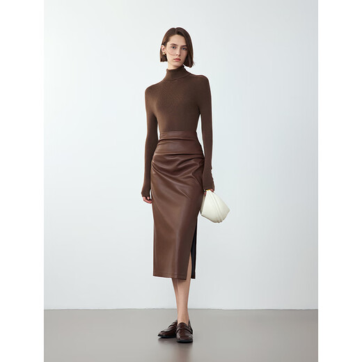Langzi retro high-waist straight temperament slim slim leather skirt mid-length commuter casual skirt new winter style dark coffee color 2 M