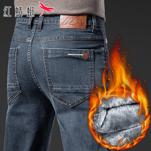 RED DRAGONFLY Jeans Herren Herbst und Winter tragen 2024 neue Modemarke Herren gerade locker plus Samt lässig warme Hosen Herrenhosen 3879 blau schwarz Herbst- und Winterstil normal 36