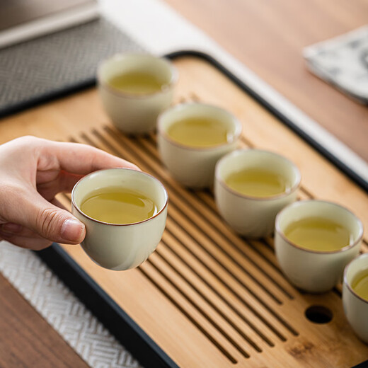 Haozun (HAOZUN) Beige Ru Kiln Kung Fu Tea Set High-end Complete Ceramic Tea Set Teapot Xishi Pot Covered Bowl Tea Cup Tea Tray Beige Ru Kiln <Guyun> Covered Bowl 6 Cups 10 Heads No Specifications