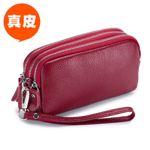 SHARELOVE Genuine Leather Small Hand Bag Women Can Hold Mobile Phone Mini Portable Coin Purse Three-Layer Zipper Wrist Bag First-Layer Cowhide Three-Layer Zipper - Black