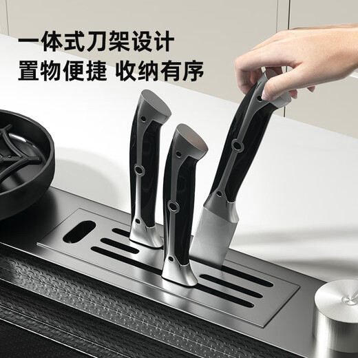 Jomoo kitchen sink with knife holder large single slot nano stainless steel thickened above and below the counter washbasin household dishwashing sink set package E-top version (Raindance pull-out faucet) 800*460