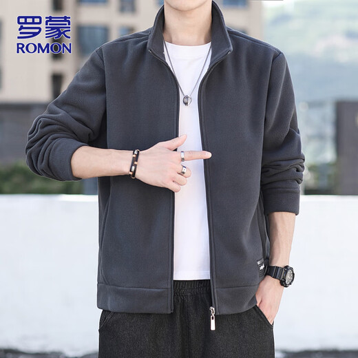 ROMON jacket men's autumn and winter jacket men's casual fleece jacket trendy polar fleece top men's dark gray XL