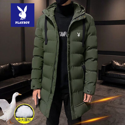 Playboy Down Jacket Winter Men's Mid-Length Coat Coldproof Warm Cotton Jacket Thickened Youth Hooded Cotton Jacket Men's Fashion Black 929-Upgraded Thickening 3XL Recommended 145-160Jin Jin equals 0.5 kg