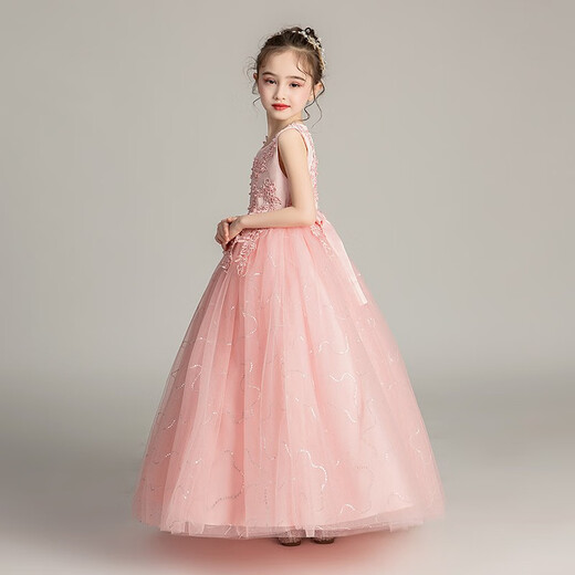 Dev Ake Children's Robe Girl Princess Jirt Host Host Gard Performance Performance Performance Robe Petit Girl Wedding Summer Big Boy Bx683 Long Mannevel sans manches rose 140 (recommandé 51-60jin [Jin est égal à 0,5 kg]))
