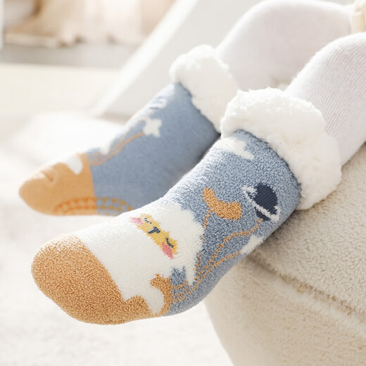 Wenlixuan winter velvet baby floor socks children's non-slip socks men's and women's socks thickened and warm cartoon mid-tube sleep socks Khaki Snowman S size 0-2 years old