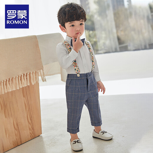 Luo Meng children's suit suit boy's first birthday dress baby boy three-piece flower girl suit suit summer long suspender four-piece suit shirt + trousers + suspender + bow tie 80