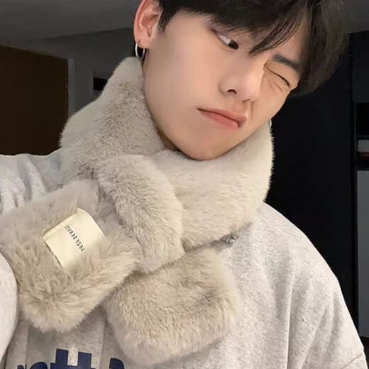 Feikawei men's scarf, neck scarf, men's winter windproof, cold-proof and warm, versatile neck protection, soft plush, boys' small scarf, beige