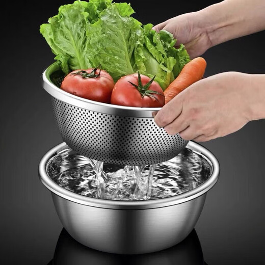 Putel two-piece set 316 thick stainless steel egg beater drain basin rice sieve kitchen food grade rice washing vegetable drain basin 32cm solid basin 32cm drain basin 1 piece