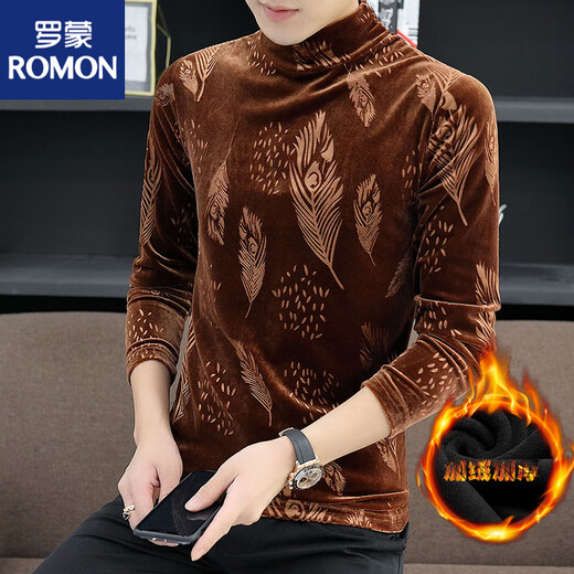 ROMON Camisa base regular de media altura de media altura para hombres de terciopelo de oro negro simple para hombres Camisa de manga larga para otoño e invierno