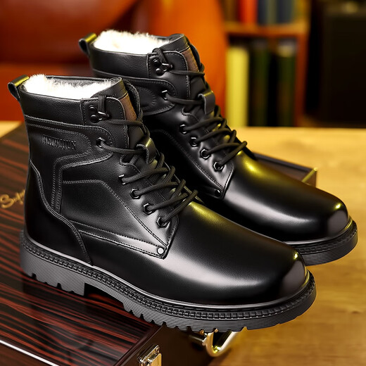 Western Camel Martin bottes hommes en cuir véritable armée crochet cruiser laine coton bottes hiver chaud plus velours chaussures pour hommes peau de vache bottes de neige décontractées 3519 fourrure noire une pièce style plat 42