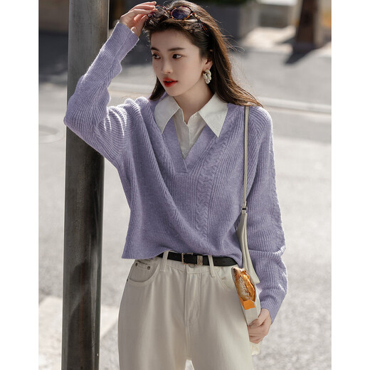Demana Cloud Sweater Spring and Autumn Simple Style Commuting Spliced ​​Lapel Comfortable Fiber Velvet Yarn Covering Flesh Knitted Sweater Women's Top
