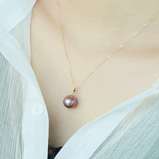 Ji Ge Pearl Necklace, Romantic Purple Freshwater Pearl Pendant, Round Highlight 14-15MM for Girlfriend, Black Pearl Silver Holder, 14-15mm x 45cm
