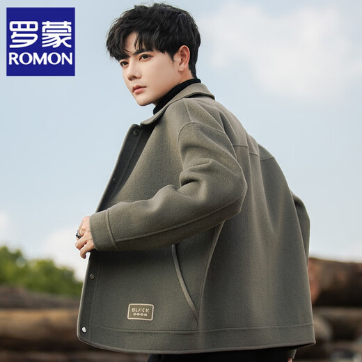 ROMON woolen coat men's autumn and winter new double-sided cashmere coat short lapel casual woolen jacket top men 58001 gray green (67.3% sheep wool) XL