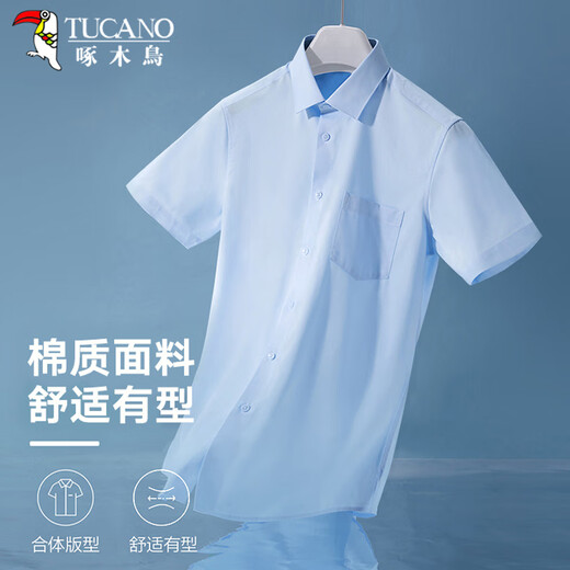 Woodpecker (TUCANO) Chemise d'été à Manches Courtes pour Hommes Business Casual Couleur Unie Polyvalent Confortable Top Homme Bleu Clair 2XL