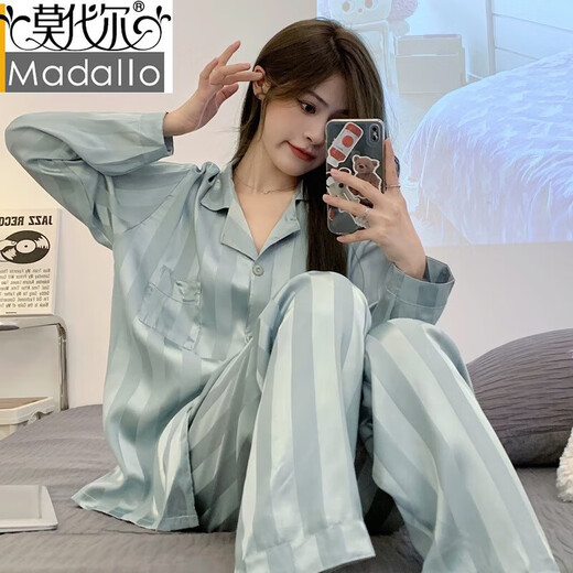 莫代尔2023年新款睡衣女春秋季冰丝长袖网红高级感仿真丝绸家居服套装夏 9901宽竖条绿 M