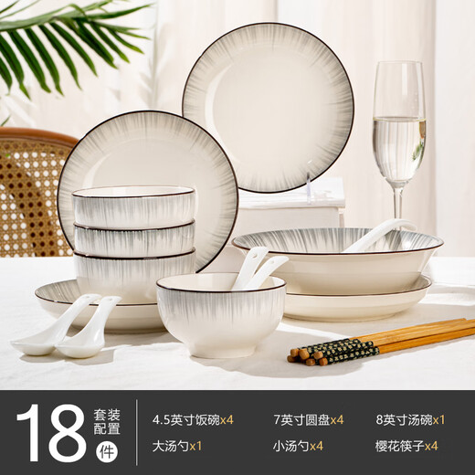 Kangqin (KANGQIN) modern time tableware complete set Internet celebrity new bowl and dish set household high-looking bowl and plate combination housewarming tableware modern time four-person meal with soup bowl 18-piece set