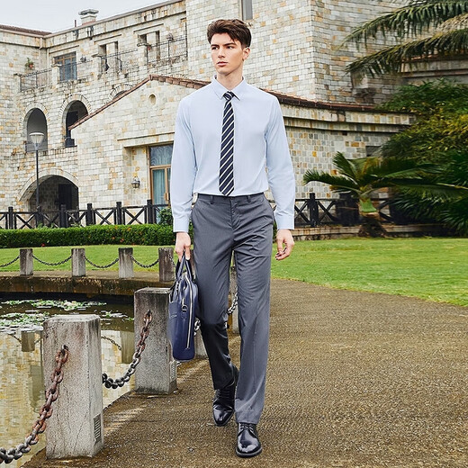 SEVEN long-sleeved shirt men's spring business casual formal herringbone men's lapel shirt sky blue 40