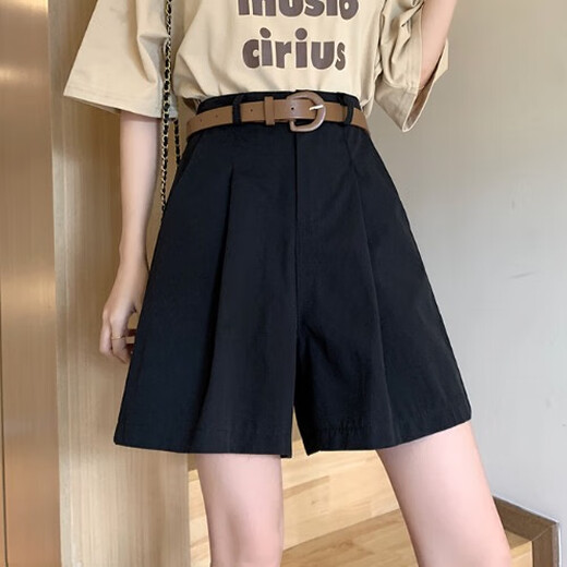 Pengmang khaki casual five-quarter pants for women 2024 summer thin wide-leg suit shorts small high-waisted a-line medium pants black + belt s