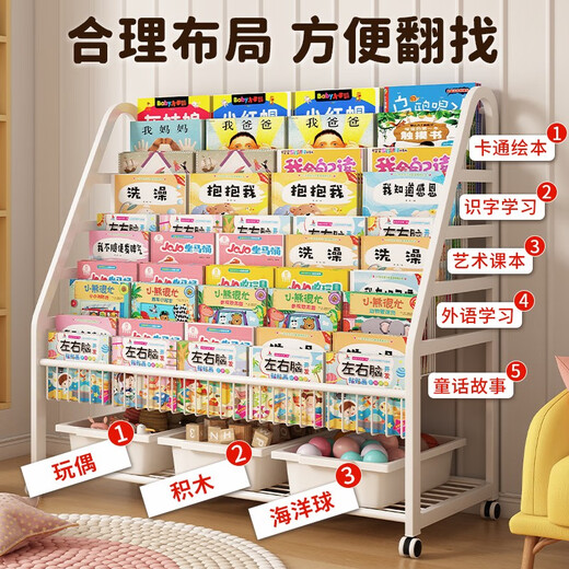 Tangneng Youpin Mobile Bookshelf Picture Book Rack Iron Storage Rack Book Toy Rack Simple Floor Standing Bookcase Bedroom Storage Rack Movable 90CM-5-Layer Bookshelf + 3 White Boxes