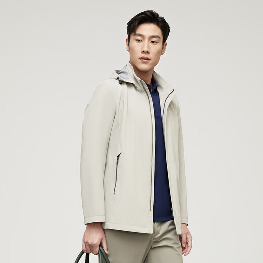 YOUNGOR windbreaker men's stand-up collar hooded removable long single windbreaker cotton durable, comfortable and breathable new product beige gray 2XL 185/104A