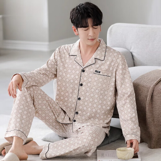 恒源祥睡衣男士春秋款棉质长袖男款2024新款大码中年爸爸夏季家居服套装 3882 (170/L码)建议穿着体重120-140斤