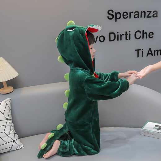 G.DUCKKIDS children's clothing children's pajamas autumn and winter boys and girls home clothes small dinosaur double thickened baby one-piece sleeping bag spring and autumn 2371 dinosaur green flannel 100 size 2~3 years old 90-100cm cm