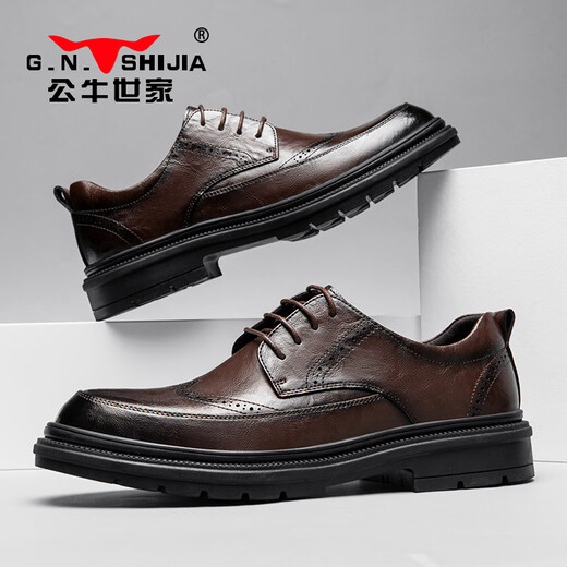 Bull Family Leather Shoes Men's 2025 Autumn and Winter New Brogue Carved Men's Shoes British Retro Business Formal Shoes Men's Casual