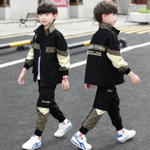 Arnita Children's Clothing Boys' Suit Spring Autumn Winter New Children's Sports Two-piece Suit Large Children's Casual Work Wear Boy's Clothes Black Size 140 [Recommended height is about 1.3 meters]