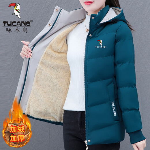 Woodpecker (TUCANO) women's winter new warm hooded jacket small cotton jacket plus velvet thickened cotton coat slimming middle-aged and elderly mother's wear brick red L recommended 95-110 Jin Jin equals 0.5 kg