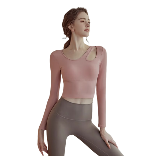 Youyou yoga wear women's sports top with chest pad Pilates dance suit design long-sleeved tight J32014Y pink with chest pad XL