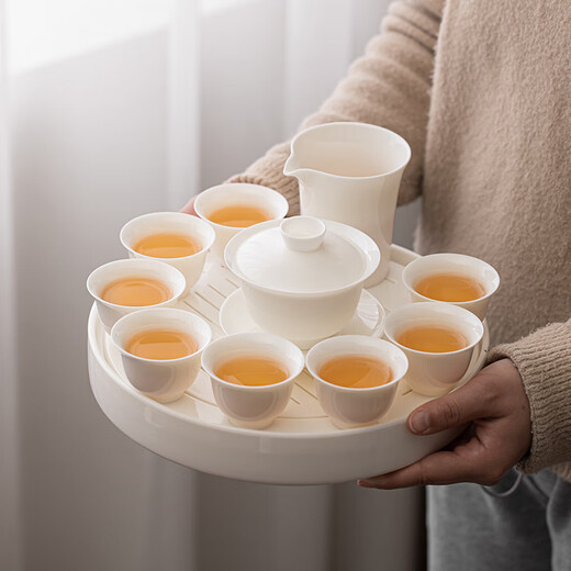 SUSHI CERAMICS Mutton Fat Jade Chinese White Tea Set Three-Cai Covered Bowl Stars Ceramic Dry Infusion Plate Tea Can Eight-Cup Gift Box Set