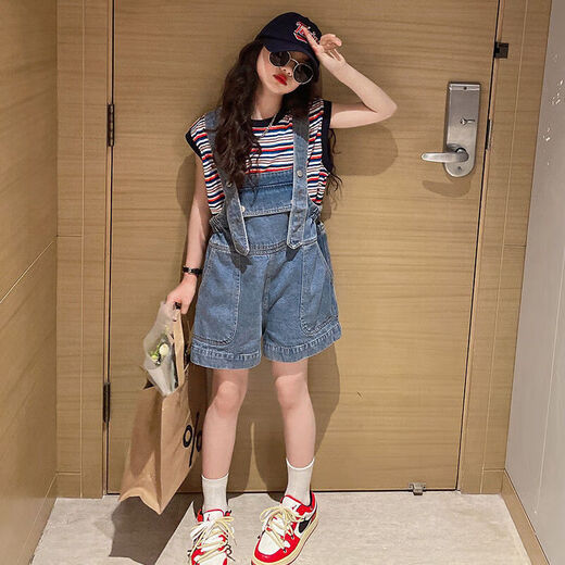 Weiman Xiaolu Children's Clothing Girls' Suit Summer Children's Suit Girl's Cowboy Overalls Suit Girls' Summer Clothing for Middle and Large Children 139 Overalls Suit 120
