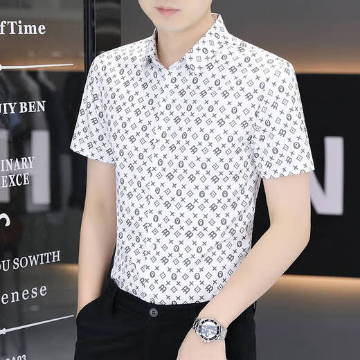以堡狼高端夏季男衬衫短袖弹力冰丝数码印花薄款休闲男士衬衣修身 7029白色 3XL 【推荐160-175斤】